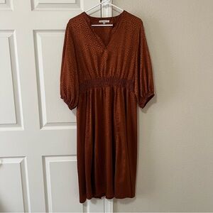 Sandra Darren Metallic Rust Satin Midi Dress Smocked Waist Size 14